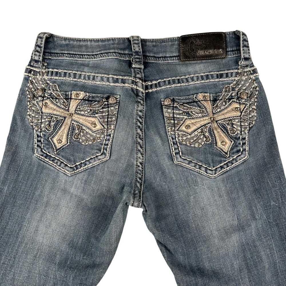 Grace in LA Low Rise Bootcut Jeans Womens 27 Cross Wing Embellished Flap Pocket